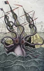 Giant octopus (Kraken) attacking a ship
