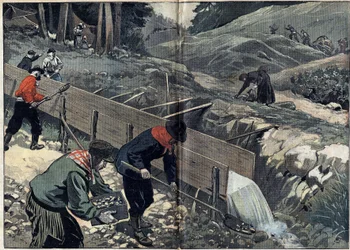 Gold Rush in Alaska: Gold seekers wash gold mud. A woman picks up nuggets while new gold seekers arrive at the camp. Illustration in Le Pelerin of February 20