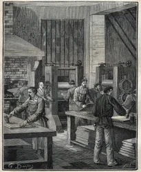 Goldsmith: preparation of the plate, preparation of the metal for the execution of a special silverware. Engraving from 1885 in 
