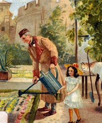 Grandfather gardening with his little daughter