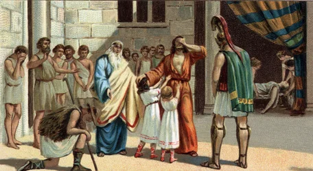 Great Greek Tragedies: “The Oedipus King” by Sophocles. Oedipus, blind, relies on two of his daughters. To his left, his handsome father Creon, to his right the soother Tiresias and an old shepherd who reveal the true identity of Oedipus. Deep down the ina