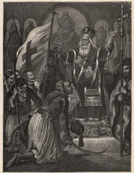 Greek War of Independence 1821 - 1829: bishop Germanos III of Old Patras blessing the flag of the fight for freedom, Agia Lavra monastery, 21th March 1821 - engraving after painting