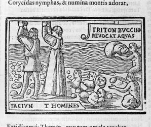 Greek mythology: Deucalion and Pyrrha throwing stones that give birth to human beings after the deluge to populate the Earth. Woodcut from the 16th century
