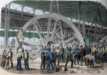 Strike at Le Creusot. A conciliable of workers in the workshops, at the time of pay. 19th century