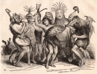 Group of Brazilian savages dancing with costumes, masks and traditional headdresses
