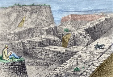 Heinrich Schliemann Taking Drawings of the Walls of Troy (Hissarlik) During Excavations