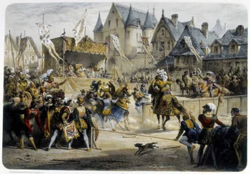 Henri II (1519 - 1559) Fatally Wounded by Montgomery During the Tournament of 29 June 1559, Rue St Antoine, in Front of the Palais des Tournelles - Lithography