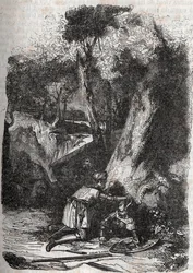 Hermonides overturned and rescued by Zerbin - 1851 engraving from Furious Roland (Orlando furioso) (16th century) by Ludovico Ariosto, known as the Ariosta - Edition translated from Italian by the Count of Tressan and published by Gustave Harvard 1851