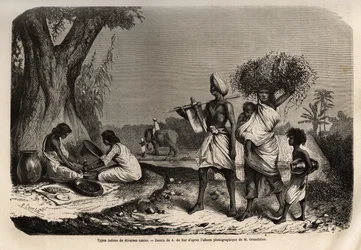 Hindu types of various castes, a family of vaysias (traders), at the foot of the tree, two women of the sudras caste
