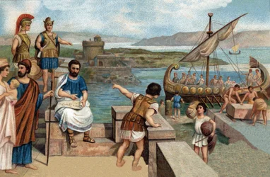 Historical Episodes of Famous Cities: The Megareans Founded Byzantium (667 BC) on the Western Bank of the Cimmerian Bosphorus, where the Thracian Fortress of Byzas Stood - Chromolithography of the 19th Century