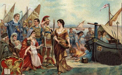 Historical Episodes of Famous Cities: Venetes Hunted by the Huns Occupy the Lagoons (in 452). It is the Foundation of Venice - Barbarian Invasions - Chromolithography of the 19th Century