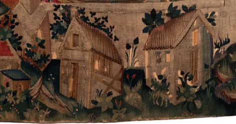 History of Saint Piat and Saint Eleuthère, Scene 7 baptism of the exiles Christians. (detail) bottom. Two houses.