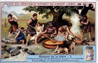 History of Beer: Preparation of Beer with Warm Stones in Prehistoric Times - Liebig Advertising Sticker
