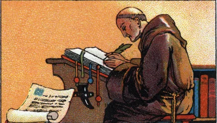 History of Writing: A Copyist Monk Copying Manuscripts in the Middle Ages