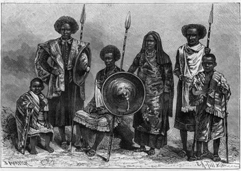 Human Zoo: group of Assabais, a tribe of Ethiopia, then an Italian colony. Exhibited in Turin as part of the 1884 National Exhibition. Engraving in “La Nature. Revue des sciences et de ses applications aux arts et à l