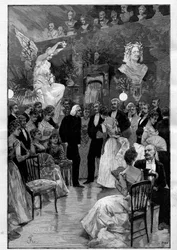 Hungarian composer and pianist Franz Liszt in Paris during a celebration in his honour in the workshop of sculptor Cyprian Godebski. Engraving in 