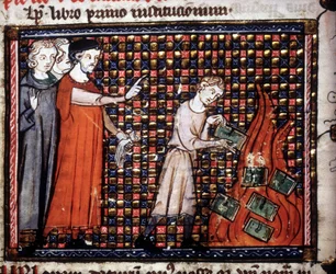 Iconoclasts Throwing Miniature Manuscripts into the Fire (14th century manuscript)