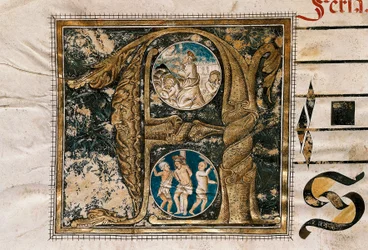 Illuminated Letter of the Preaching of Jesus Before the Apostles and the Flagellation, Taken from a Manuscript of Liturgical Songs