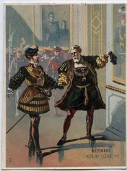 Illustration of Ernani by Italian composer Giuseppe Verdi (1813 - 1901), act 3, scene VI opera created in 1844 after the tragedy Hernani by Victor Hugo. Chromolithography of the late 19th century.