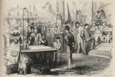 Imperial Prince Eugene Louis Joseph at the feast of Fontainebleau. He tries to decoify a puppet with the help of a ball hanging from a string. Engraving in 