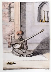 Indian culture and civilization: musician playing the sitar, traditional musical instrument, India. Engraving 1808