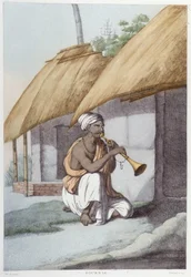 Indian culture, civilization and society: musician with traditional Indian flute. Engraving from 1808.