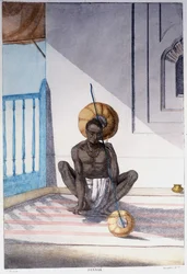 Indian culture, civilization and society: musician with traditional Indian string instrument. Engraving from 1808.