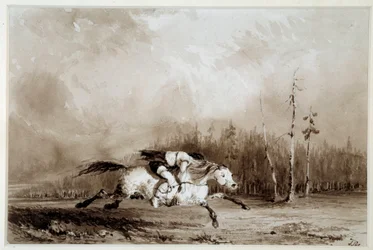 A horse galloping carrying a man tied up