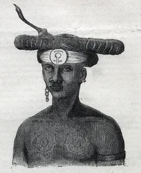Indigenous people of New Guinea: inhabitant of the Arfaque Mountains. Engraving in 
