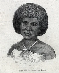 Indigenous people of New Guinea: young girl from Lobo. Engraving in 
