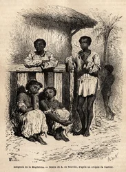 Indigenous people of the Magdalena, in the streets of the city of Mompox (Colombia). Engraving to illustrate the voyage to New Granada, by Dr. Saffray, in 1869, published in 