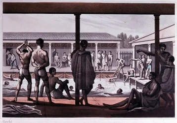 Interior of a swimming school, London, early 19th century.