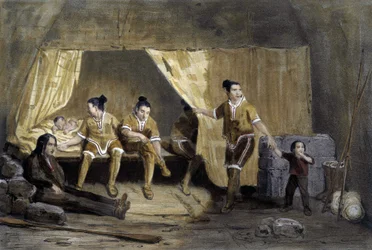 Interior of an Eskimo box, Frederikshaab, Greenland - lithography