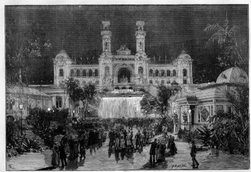 International Exhibition of Nice: the exhibition palace illuminated with electric light. Engraving in “Le Monde Illustré”