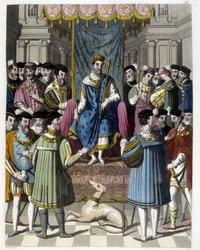 Interview with Francois 1st (1494 - 1547) and Henry VIII (1491 - 1547) of England. Engraving of the 19th century.