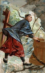 Invention of the Chinese compass: Chinese navigator using the compass on his boat. The first use of the compass as a navigational instrument on Chinese ships dates from the end of the 10th century. Chromolithography of the 19th century