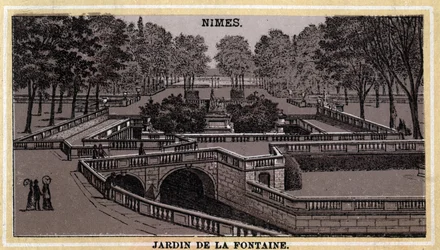 Jardin de la Fontaine in Nimes (Gard, Languedoc-Roussillon). Chromolithography of the late 19th century
