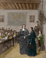Jean Baptiste De La Salle showing one of his schools to M de La Chetardie (engraving)