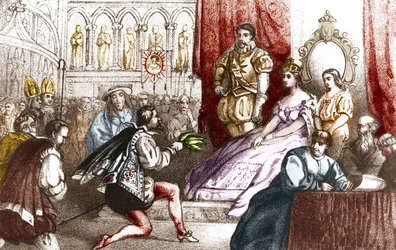 Jean Nicot presenting the tobacco plant to Catherine de Medicis and to the Grand Prior of the House of Lorraine. 16th century. Engraving of the 19th century