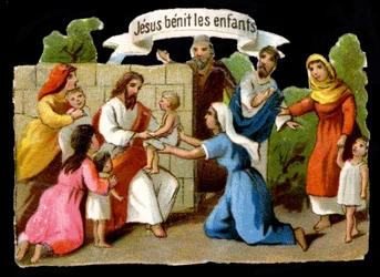 Jesus Christ blessing children. 19th century chromolithography