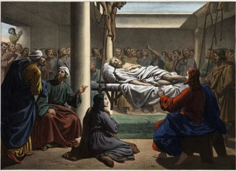Jesus healing the paralytic of Bethesda. Anonymous engraving from the middle of the 19th century