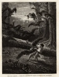 Job (travel companion of the redactor), attacked by vultures. Engraving to illustrate the story Quatre mois en Florida, by M. Pousselgue, in 1851-1852, published in 