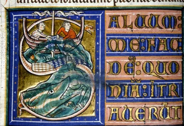 Jonah is thrown into the sea and devoured by a huge fish. 14th century manuscript. Municipal Library of Vercelli.