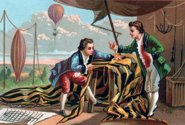 Joseph and Etienne de Montgolfier (brothers) invented aerostats in 1783. Late chromolithography of the 19th century.