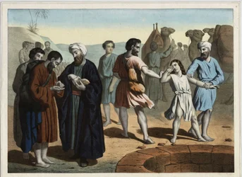 Joseph the Patriarch, sold by his ten jealous brothers who want to make him disappear. Anonymous engraving of the 19th century