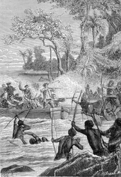 Journey of Carteret in the Isles of Santa Cruz: Attack of the Natives with Arrows - Illustration from The Great Mariners of the 18th Century