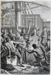 Journey of Samuel Wallis to Polynesia: indigenous astonished by a mirror - illustration taken from “The Great Mariners of the 18th century”