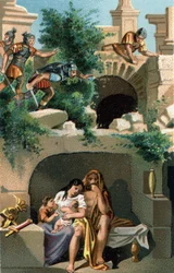 Julius Sabinus (Gauls of the Lingons people) and his wife Eponine remain hiding for nine years with their children in an underground and then discovered, they are taken to Rome along with his two twin sons. Late chromolithography of the 19th century.