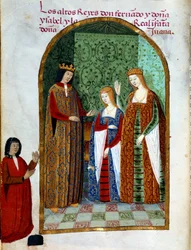 King Ferdinand II, Joan, Queen of Castile and Isabella 1st of Castile. Miniature in Devocionario de la Reyna Da Juana a Quien Llamaron la Loca