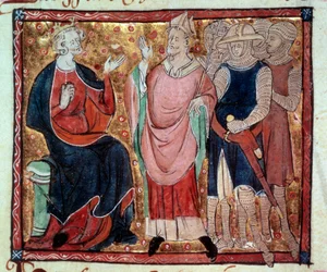 King Henry II of England (1133-1189) receiving a bishop and soldiers. Miniature from a 15th-century manuscript. Paris, B.N.